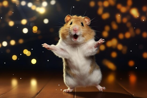 Hamster op een achtergrond van een kerstkrans met lichten