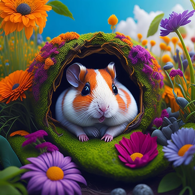Hamster peeking out on the colorful garden generated by AI