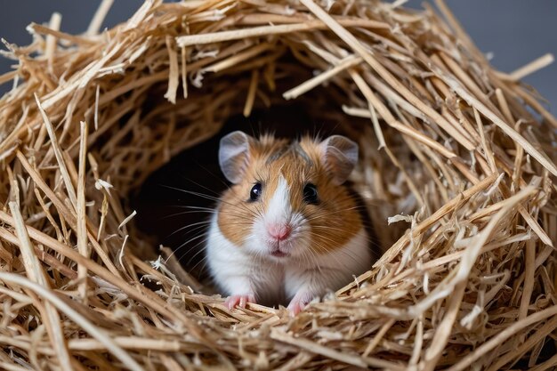 Photo hamster peeking out of straw nest