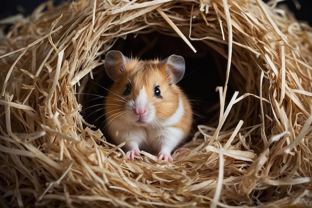 Hamster peeking out of straw nest