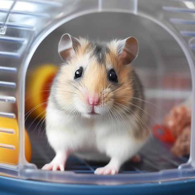 A hamster in a plastic container with the word hamster on it.