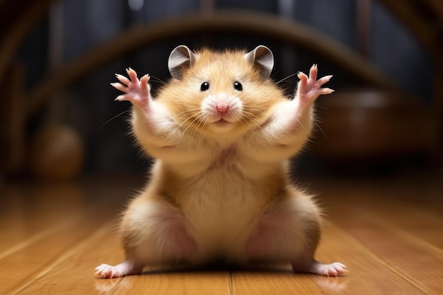 Hamster Roborovski draait zijn lichaam in een grappige yogahouding