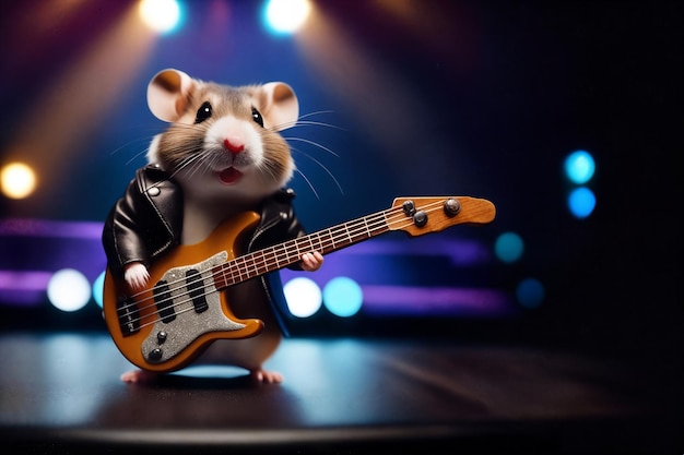 Foto il musicista rock hamster si trova sul palco alla luce delle luci del palco con una chitarra elettrica