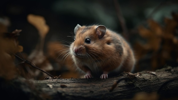 A hamster sits on a branch in the dark