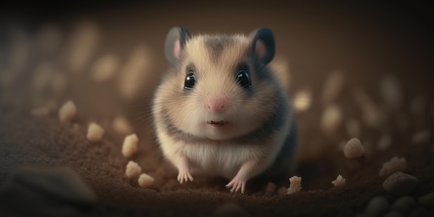 A hamster sits on a brown background with a black and white face.