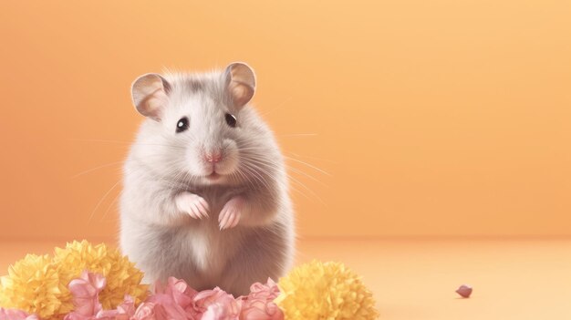 Photo a hamster sits in front of flowers