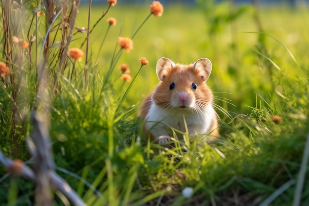 ハムスターは牧草地のヒナギクと一緒に草の中に座っていますAIが生成した選択的な焦点