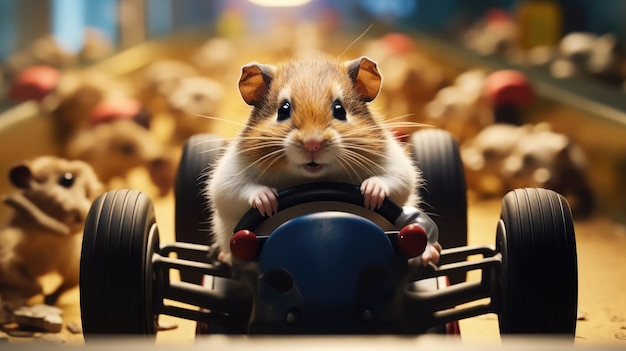 Hamster sitting behind the wheel and racing mini cars Hyper Real HD 4k