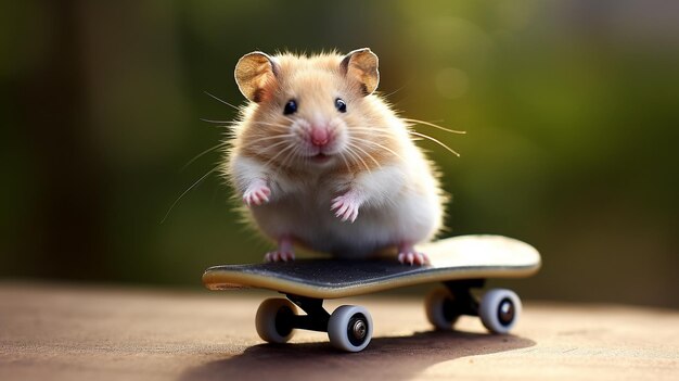 Photo a hamster on small skateboard as if background