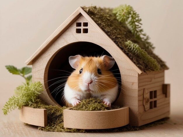 a hamster in a small wooden house with moss on the roof