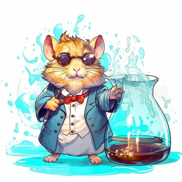 A hamster in a suit and glasses stands next to a jug of coffee.