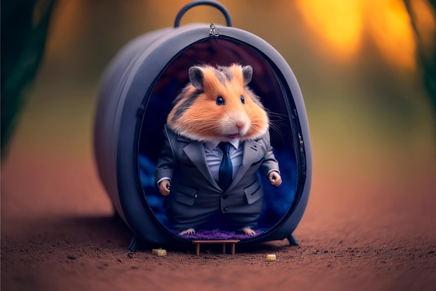 Hamster in a suit going camping on work Generative AI