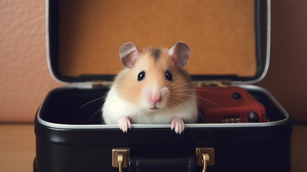 A hamster in a suitcase with a red phone on the top.