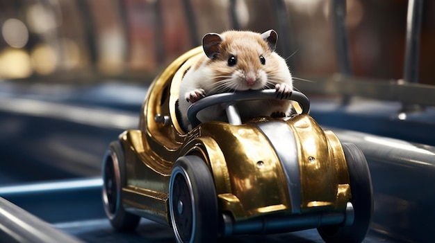 Photo a hamster in tiny race car racing around background