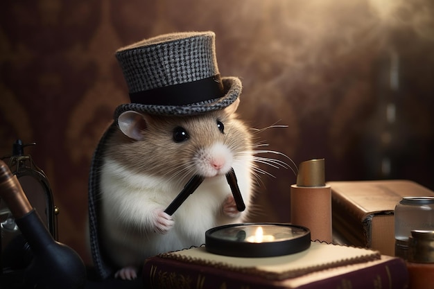 A hamster in a top hat and a magnifying glass holds a magnifying glass.