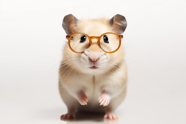 A hamster wearing glasses and a white background