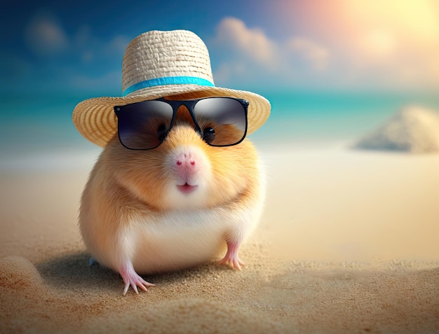 帽子とサングラスをかけたハムスターがビーチの夏の雰囲気の背景に座っている
