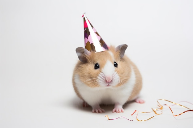 A hamster wearing a party hat sits on a white surface.