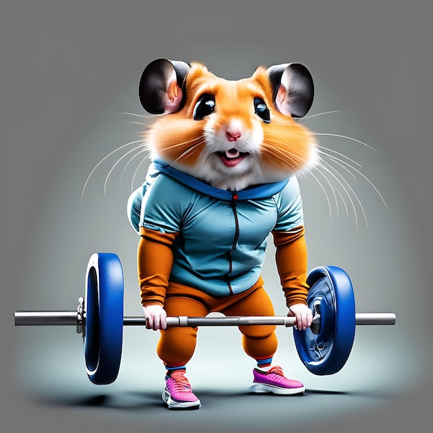 Photo a hamster wearing a tracksuit and lifting weights this image is generated with the use of an ai