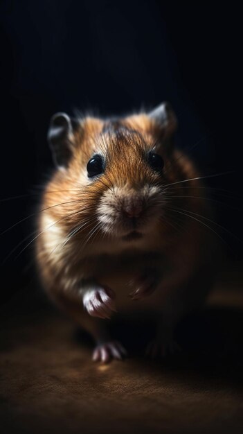 A hamster with long whiskers is looking up at the camera.