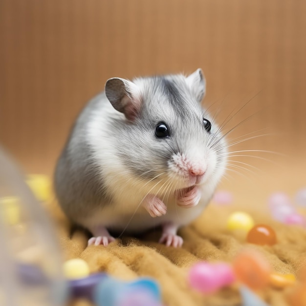 A hamster with long whiskers is standing on a pile of candy.