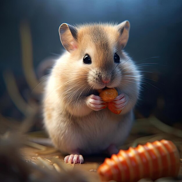 Hamster with an orange in his mouth on a dark background