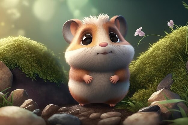 A hamster with a pink nose and a white nose looks up at the sky.