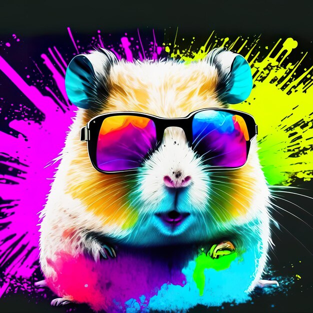 Hamster with sunglasses on background with ink splash