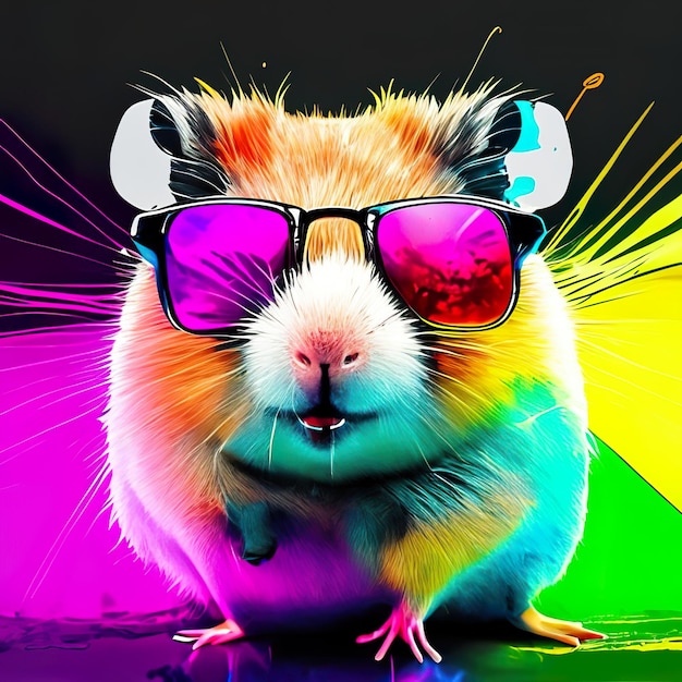 Hamster with sunglasses on background with ink splash