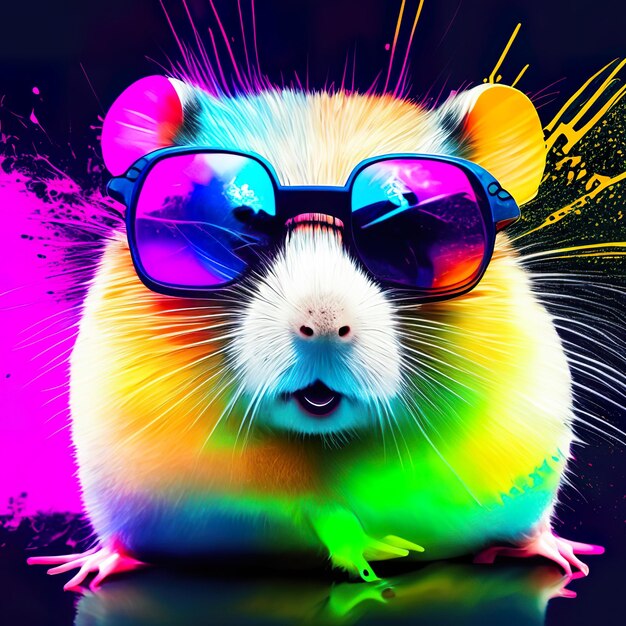 Hamster with sunglasses on background with ink splash