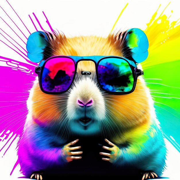 Hamster with sunglasses on background with ink splash