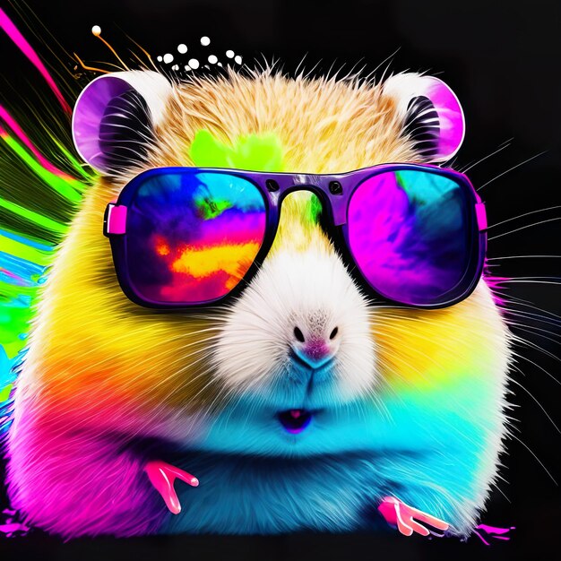 Hamster with sunglasses on background with ink splash