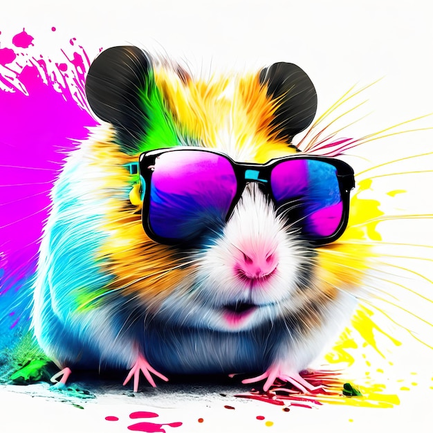 Hamster with sunglasses on background with ink splash