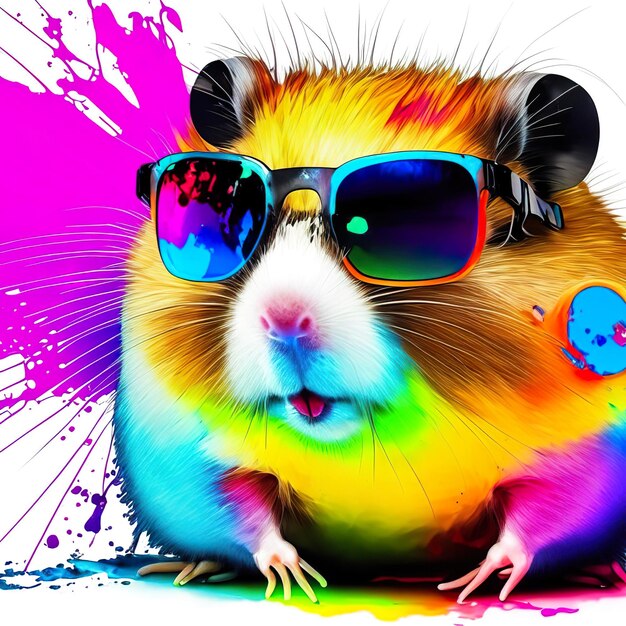 Hamster with sunglasses on background with ink splash