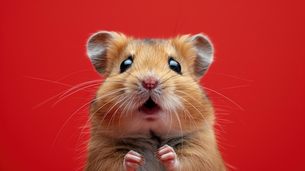 Photo hamster with surprised expression bright red background sharp focus humorous and vivid