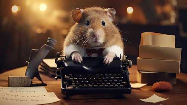 写真 ハムスターが小さなタイプライターで手紙を書いている ハイパーリアルhd 4k