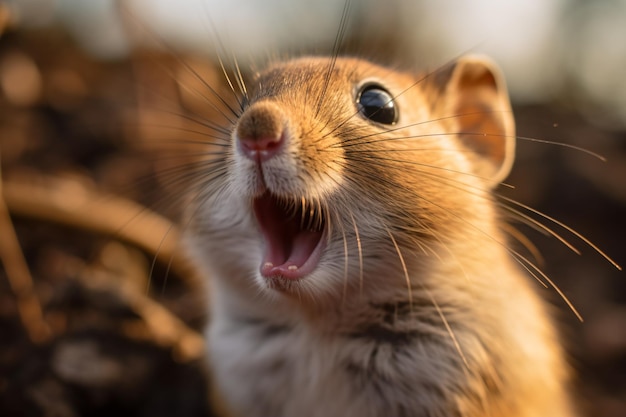 a hamster yawns in the sun on the ground