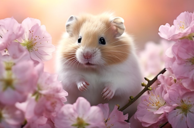hamster zit bovenop een roze bloem in de stijl Generatieve AI