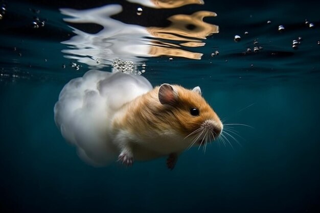 Foto hamster zwemt in het water met een witte wolk op de achtergrond