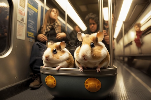 Hamsters animal on new york city subway underground metro train illustration generative ai