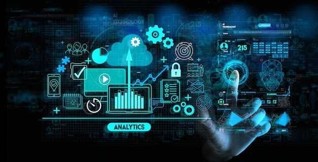 Hand aanraken Business data analytics procesbeheer met KPI financiële grafieken en grafiek