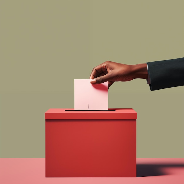 Photo hand of african american man putting envelope into ballot box elections concept