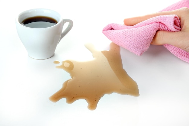 Hand afvegen oppervlak met roze doek en kopje koffie geïsoleerd op wit