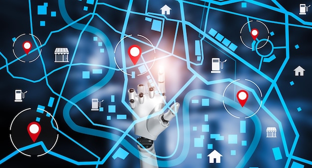 Hand AI robot humanoids touch model maps location points GPS apps icons Travel maps and find places in the online system graphics are generated Searching for travel and place on world maps