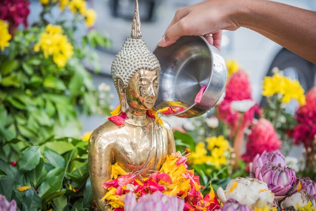 Hand are pouring water the Buddha statue on the occasion of Songkran festival day