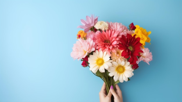 Hand arm hold colorful flower bouquet isolated through blue wall background studio