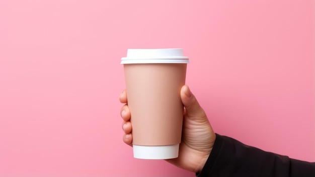 Hand arm holding a paper cup of coffee or tea isolated pink wall background studio mockup