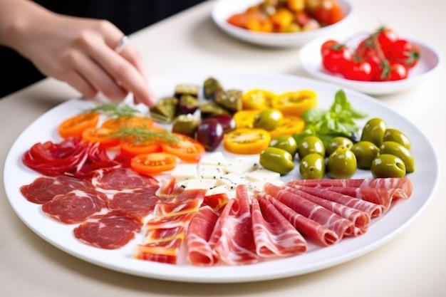 Hand arranging antipasti on a white plate
