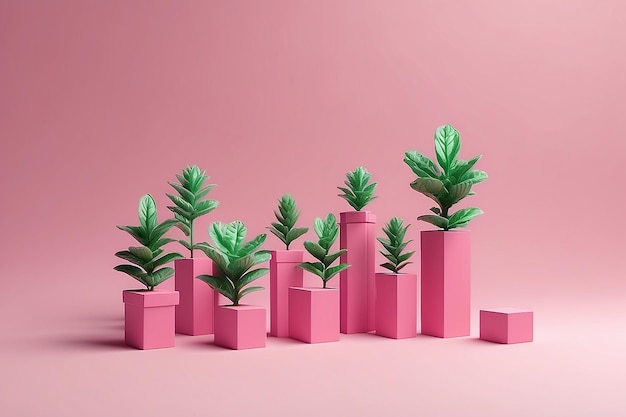 사진 손으로 배열하는 성장 바 비즈니스 성장 성공 개념은 분홍색 배경 3d 렌더링