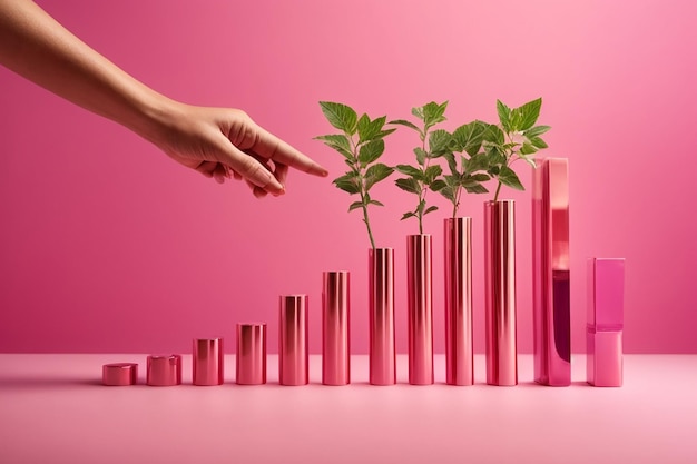 Foto organizzazione a mano di barre di crescita concetto di successo della crescita aziendale su sfondo rosa rendering 3d